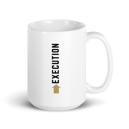 White mug with 'EXECUTION' text and arrow graphic on a white background