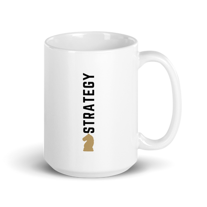 Strategy Executive Mug white glossy ceramic side view showing STRATEGY typography and chess icon design