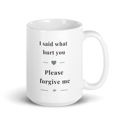 Side view of a white glossy ceramic mug with a comfortable C-handle, showing the "I said what hurt you" message in soft grey serif typography