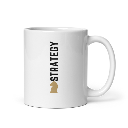 Strategy Executive Mug white glossy ceramic side view showing STRATEGY typography and chess icon with handle
