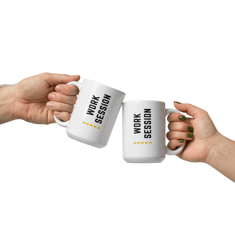 White ceramic coffee mug with vertical minimalist text and gold icon.