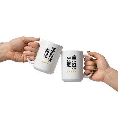 White ceramic coffee mug with vertical minimalist text and gold icon.