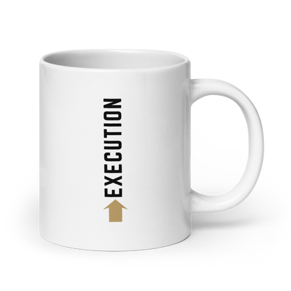 White mug with "execution" text and an arrow on a white surface