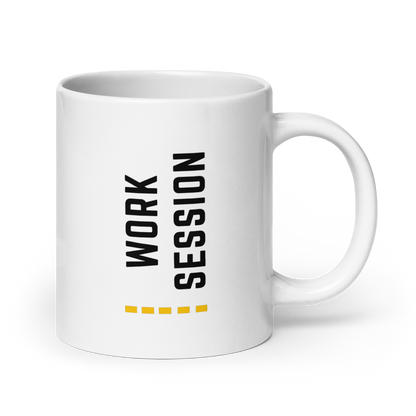 White ceramic coffee mug with vertical minimalist text and gold icon.