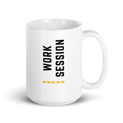 White ceramic coffee mug with vertical minimalist text and gold icon.